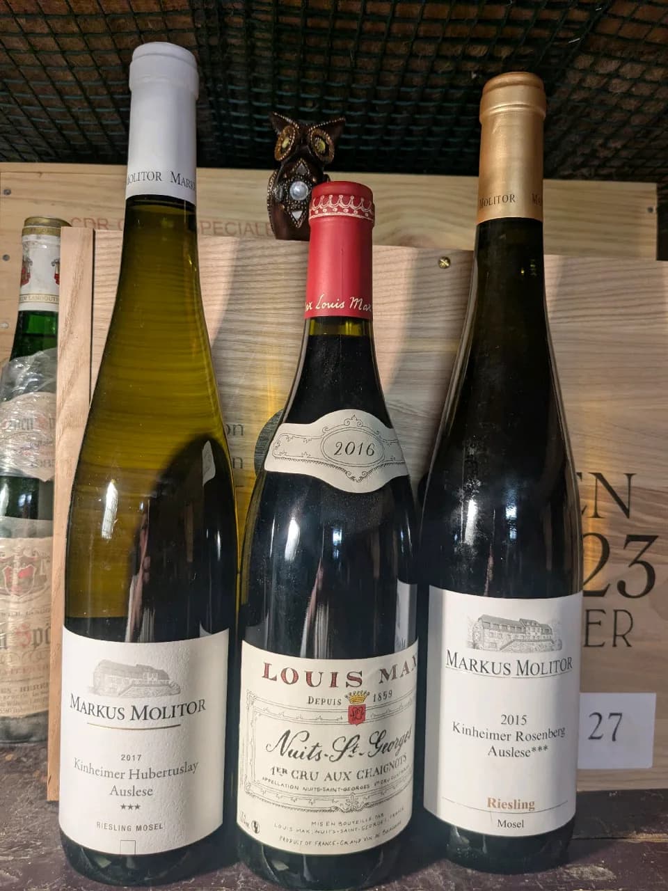 Markus Molitor 2017 Kinheimer Hubertuslay Auslese 3* trocken); Louis Max 2016 Nuits-St-Georges 1er Cru Aux Chaignots; Markus Molitor 2015 Kinheimer Rosenberg Auslese 3* Süss (Riesling) - image 1