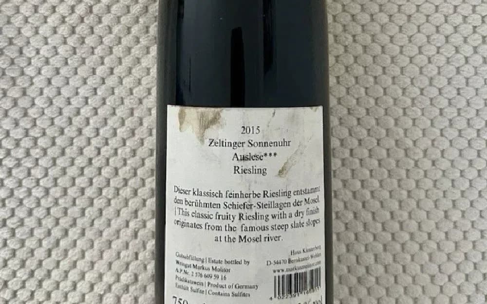 100PP Markus Molitor Zeltinger Sonnenuhr Auslese*** 2015 Grüne Kapsel Riesling - image 3